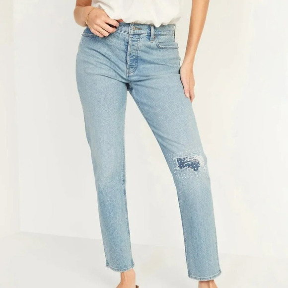 Old Navy High Waisted Button Fly Slouchy Straight Rip Repair Jeans, Plus Size 28 - Picture 1 of 12